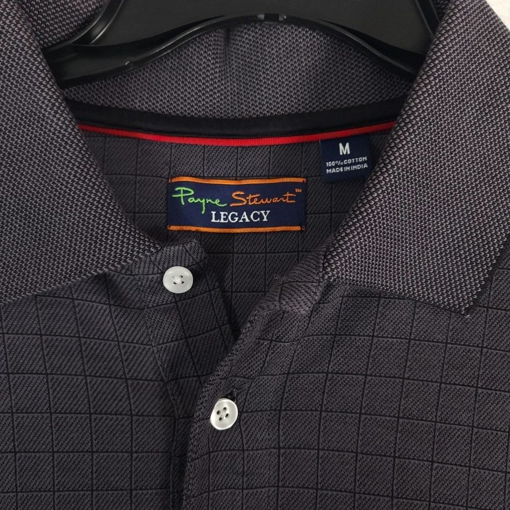 Payne Stewart Polo Shirt Mens Medium Dark Gray Legacy Grid Check Long Sleeve - Picture 4 of 9
